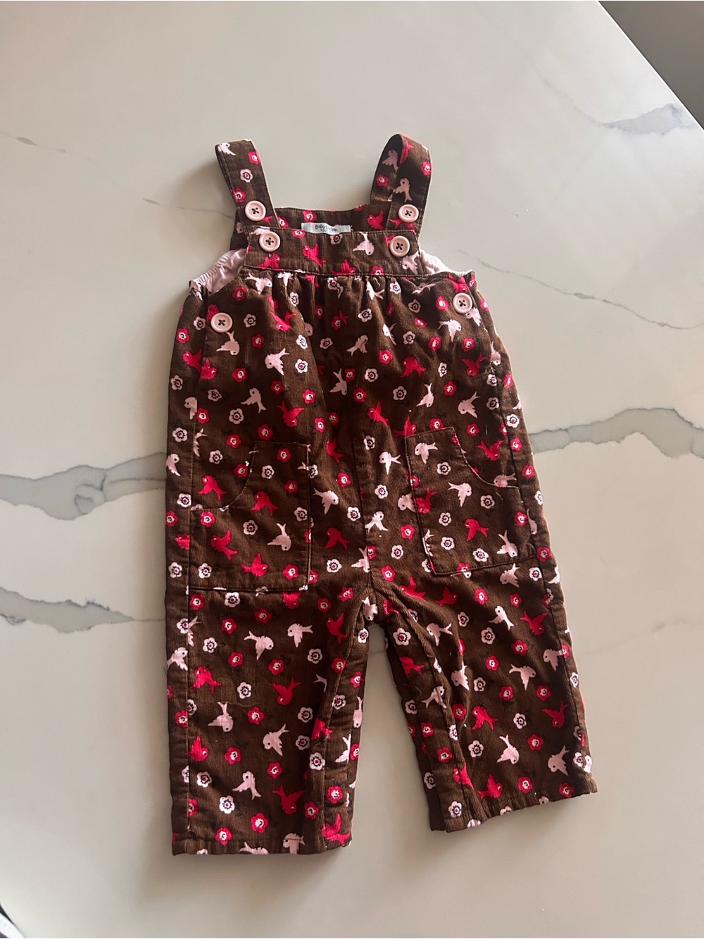 Baby Boden Brown Overalls with Pink Bird Print